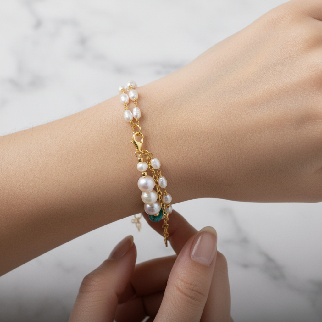 İnci & Turkuaz Doğal Taş 925 Ayar Gümüş Midye Bileklik – Özel Tasarım