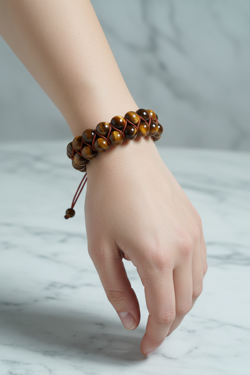 Kaplan Gözü 8mm Çift Sıra Makrome Doğal Taş Bileklik