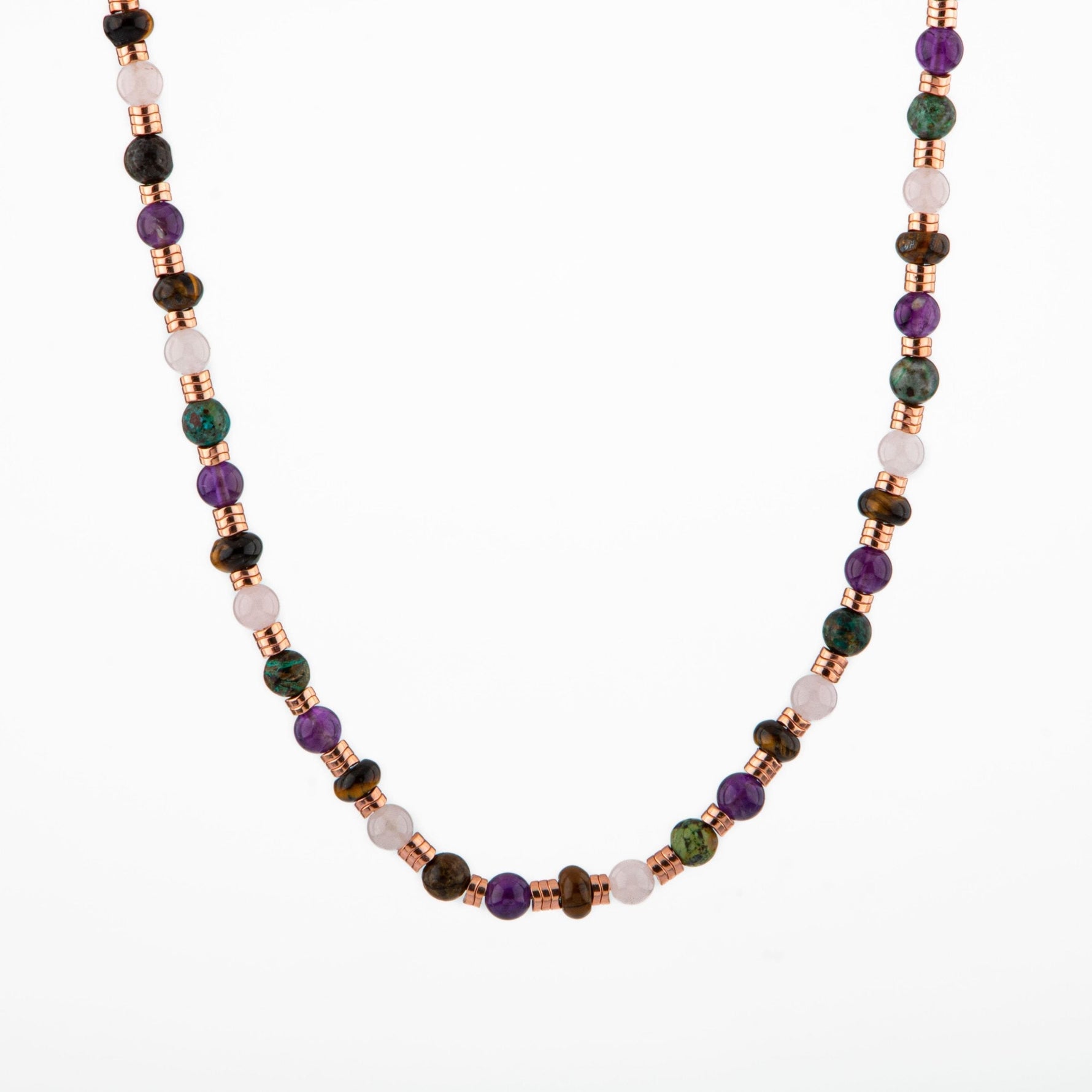 Hematit-Pembe Kuvars-Krizokol-Ametist-Kaplan Gözü Doğal Taş Kolye