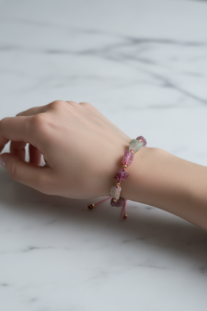 Ham Turmalin Doğal Taş Bileklik – Ayarlanabilir Unisex Tasarım