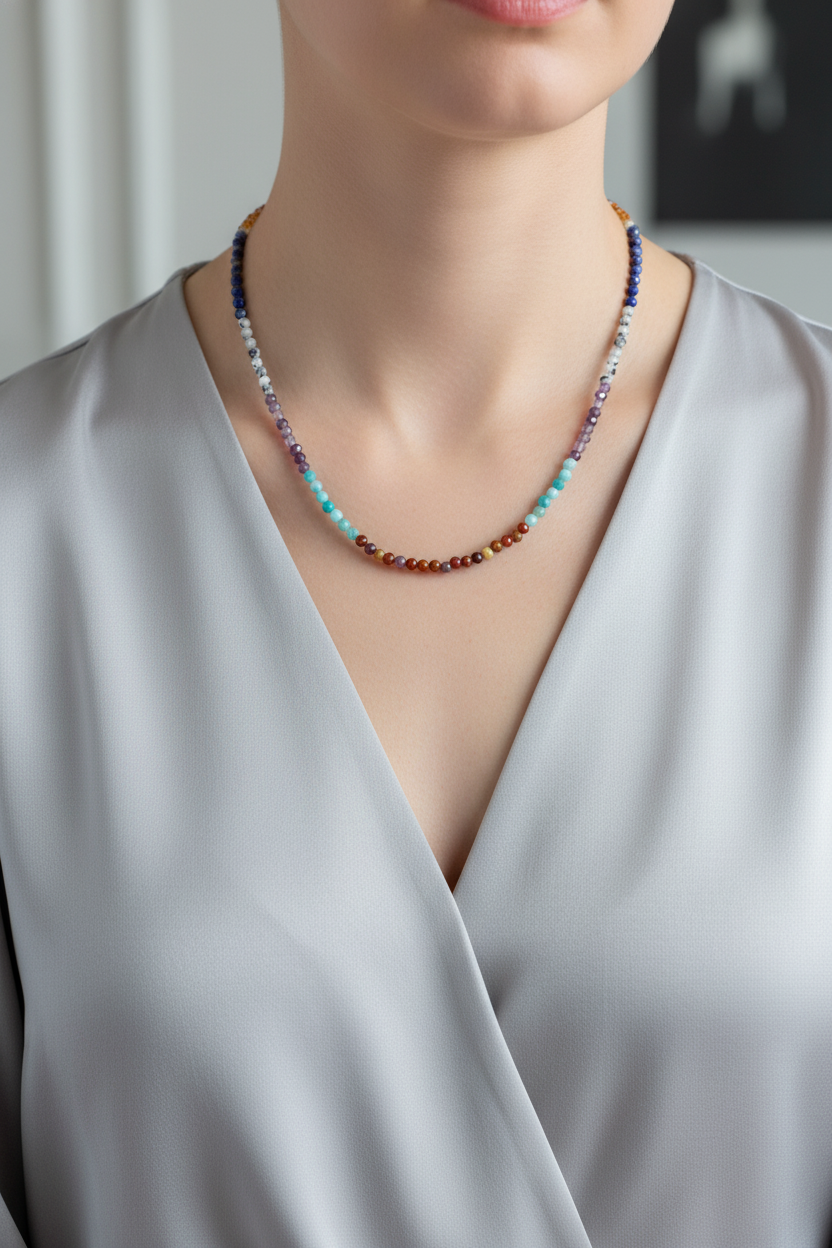 Amazonit, Ametist, Jasper, Karnelyan Akik & Lapis Lazuli Doğal Taş Kolye – Özel Tasarım