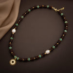 Hindistan Cevizi Kabuğu-Yeşil Aventurin-İnci Doğal Taş Gümüş Tasarım Kolye - 54cm