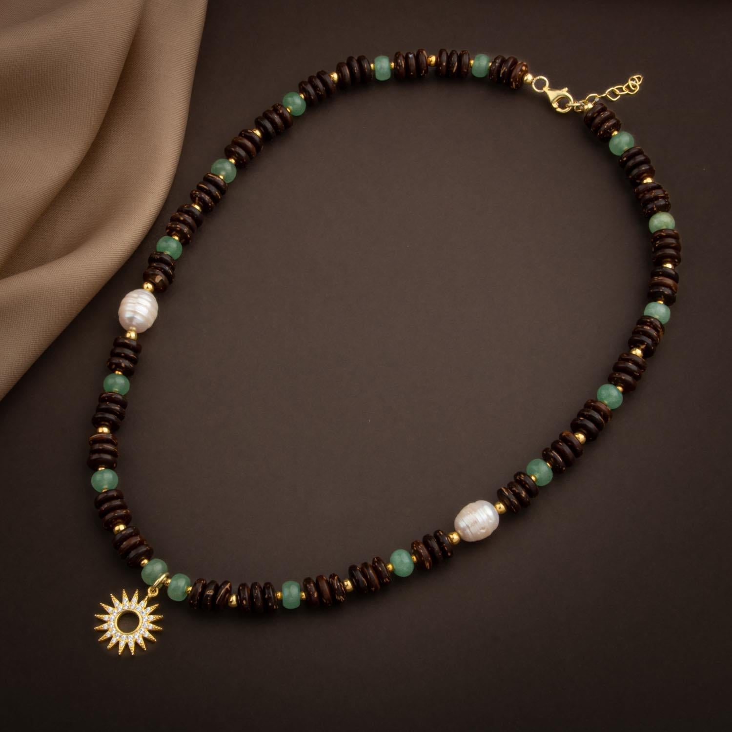 Hindistan Cevizi Kabuğu-Yeşil Aventurin-İnci Doğal Taş Gümüş Tasarım Kolye - 54cm