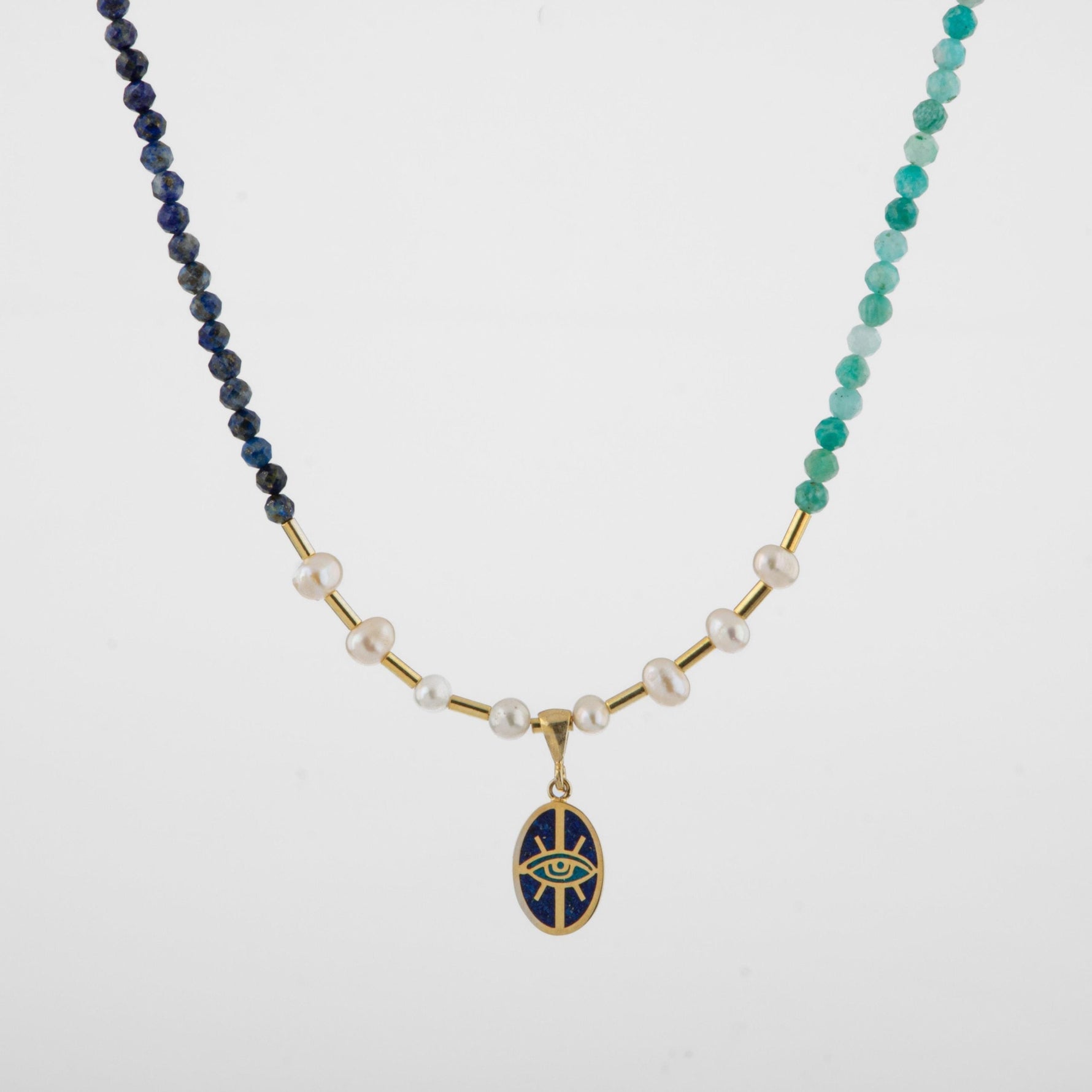 Mozaik Lapis Lazuli Taşlı-Amazonit-İnci Doğal Taş Gümüş Tasarım Kolye - 54cm