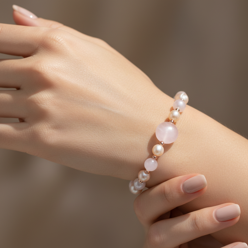 Pembe Kuvars, İnci, Hematit Doğal Taş Bileklik