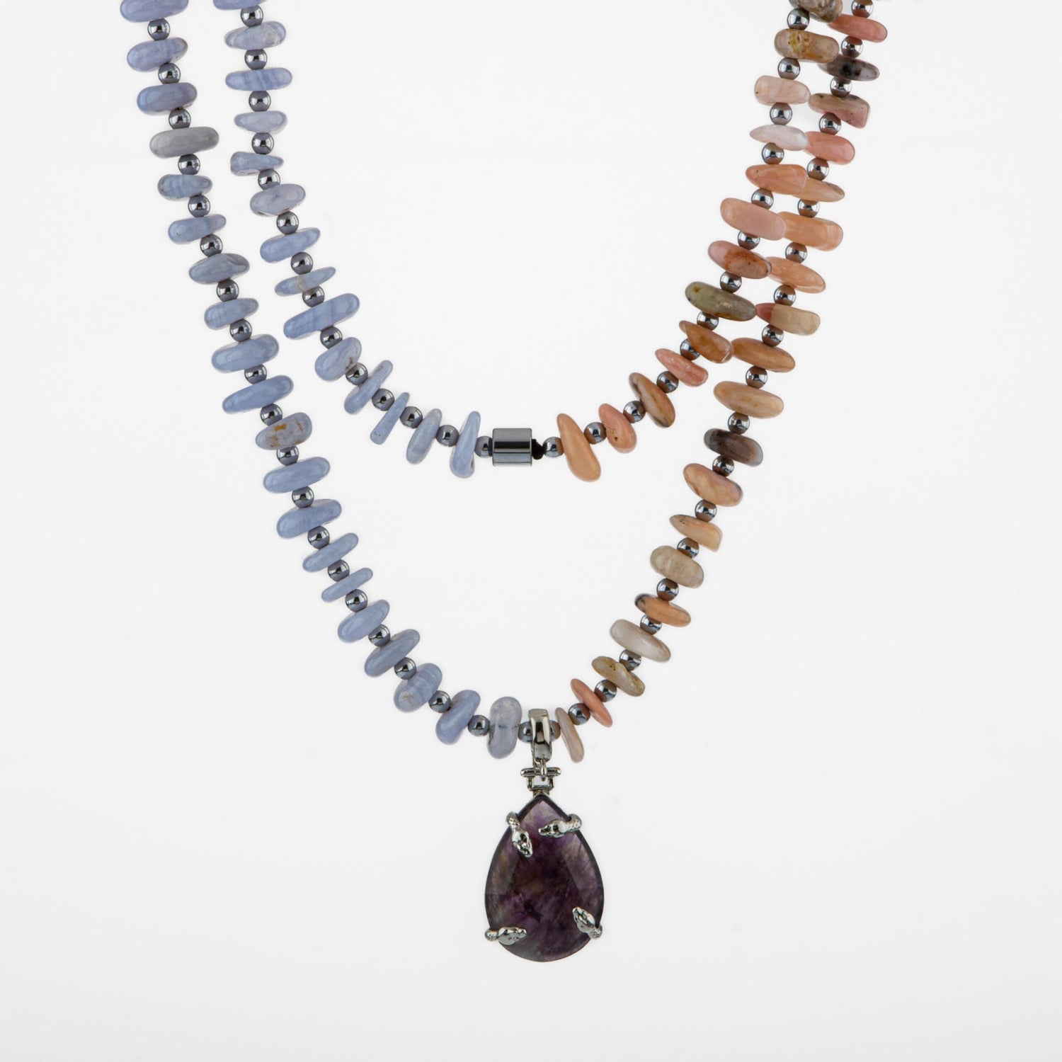 Pembe Opal-Mavi Akik-Hematit-Ametist Doğal Taş Kolye