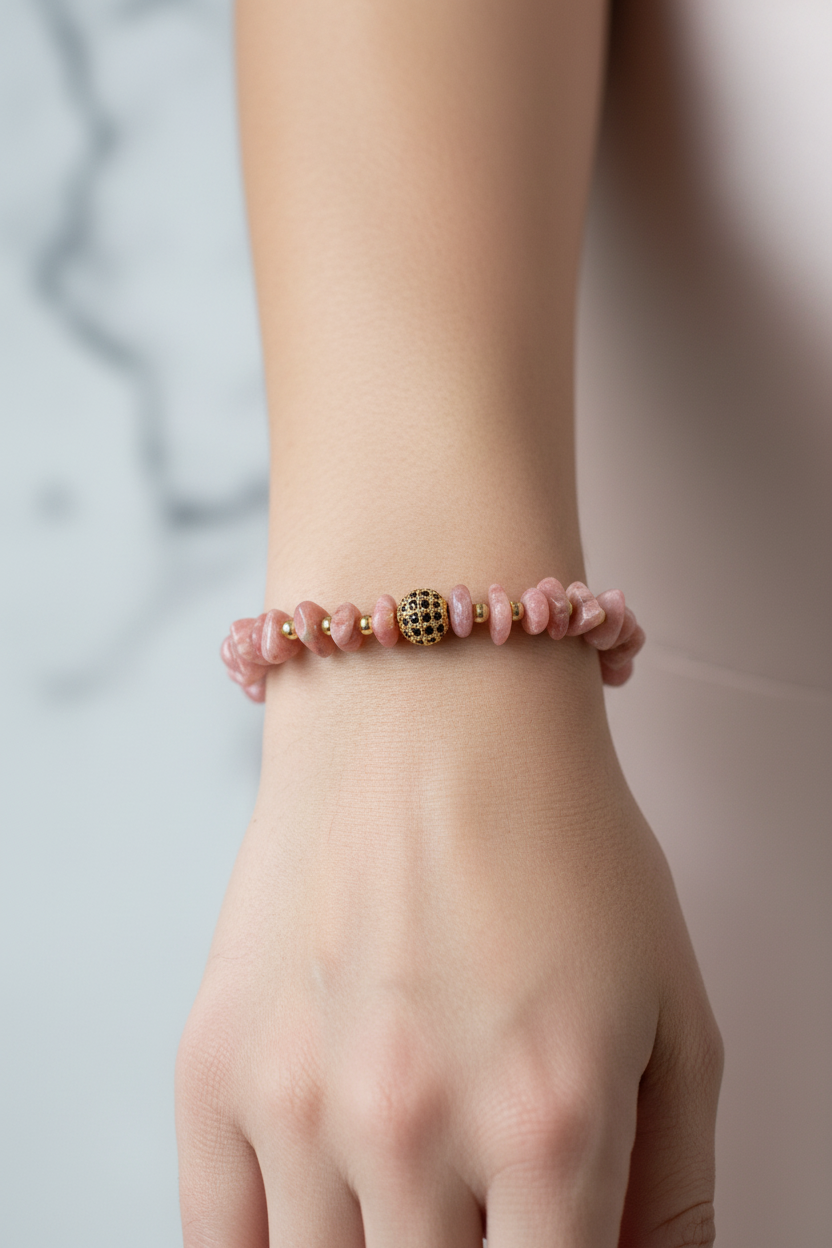 Rodokrosit Rondel Kesim ve Hematit Doğal Taş Bileklik – 6 mm Misinalı, Unisex Şık Tasarım