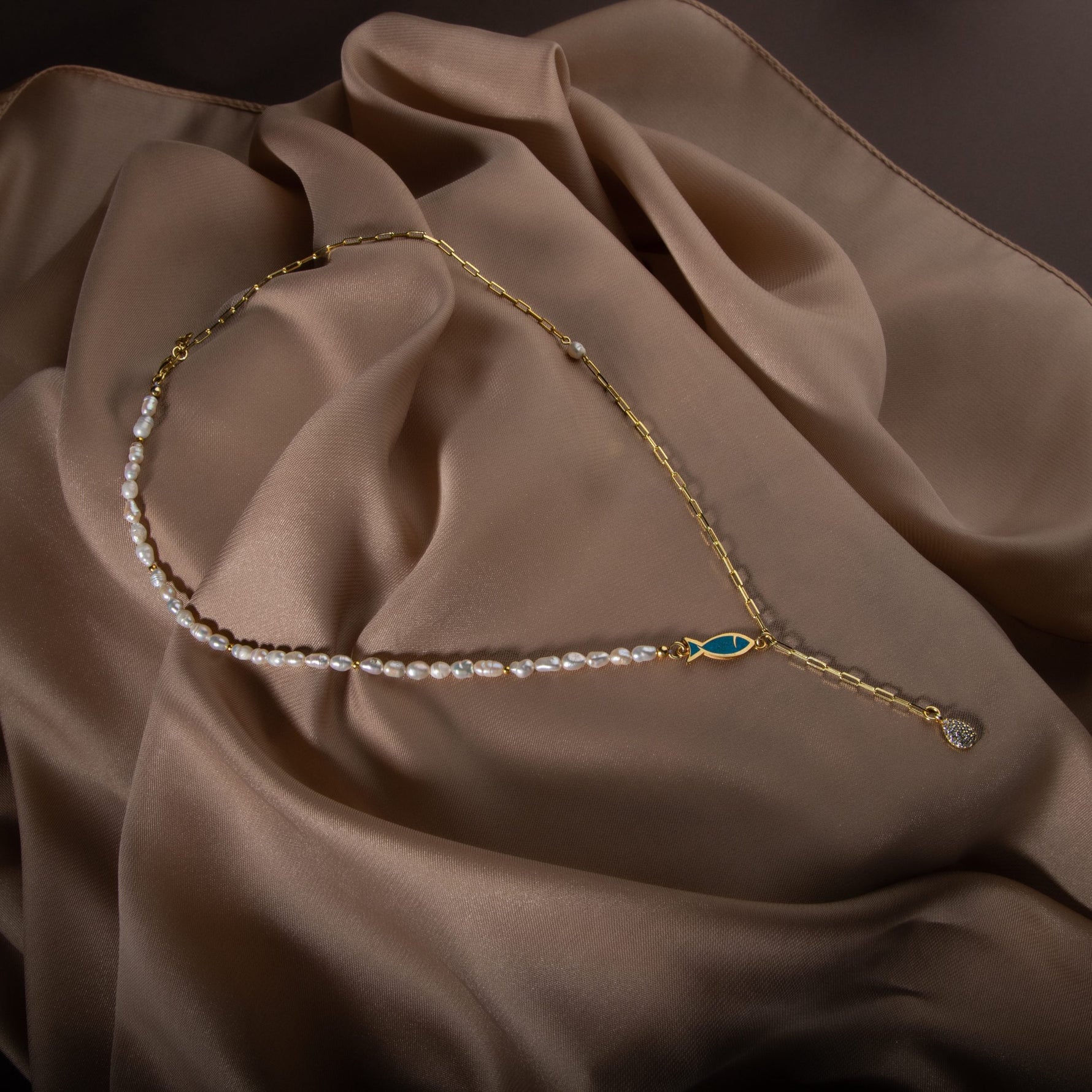 İnci Doğal Taş Gümüş Zincir Kolye