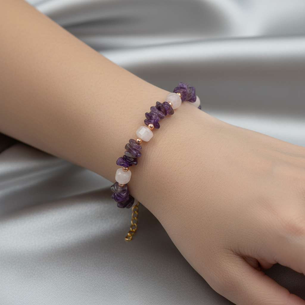 Ay Taşı & Ametist Doğal Taş Altın Kaplama Bileklik – Özel Tasarım