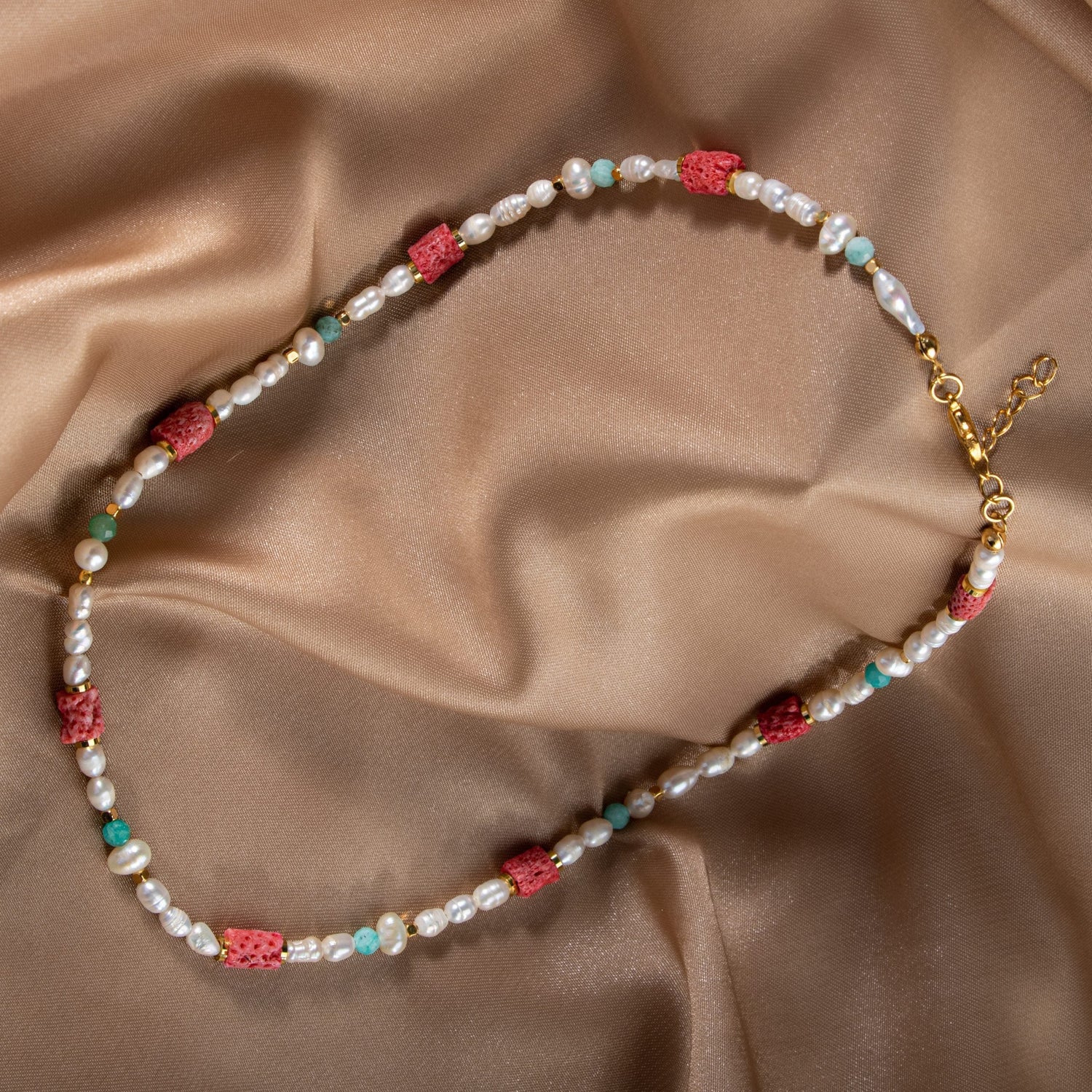 İnci-Fosil Mercan-Amazonit Doğal Taş Altın Kaplama Kapama Kolye