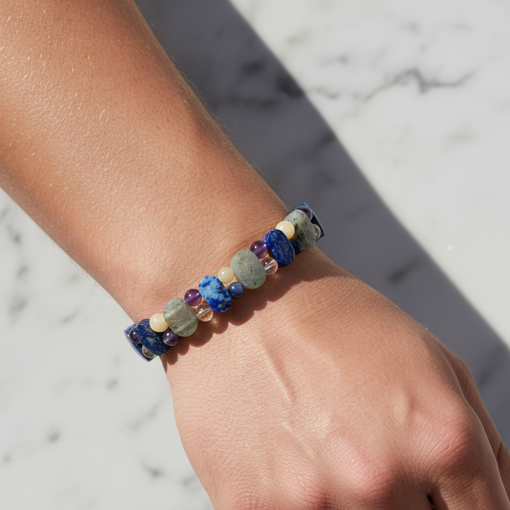 Yay Burcu Doğal Taş Bileklik – Ametist, Kalsit, Labradorit, Lapis Lazuli, Mavi Akik & Sedef