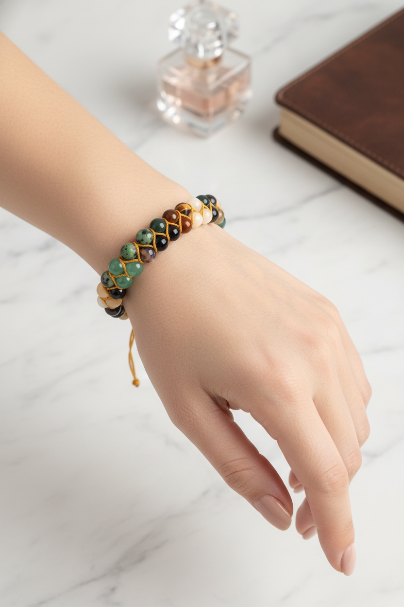 Sertifikalı Yengeç Burcu Doğal Taş Çift Sıra Makrome Bileklik – 6 mm | Pirtash | Özel Üretim