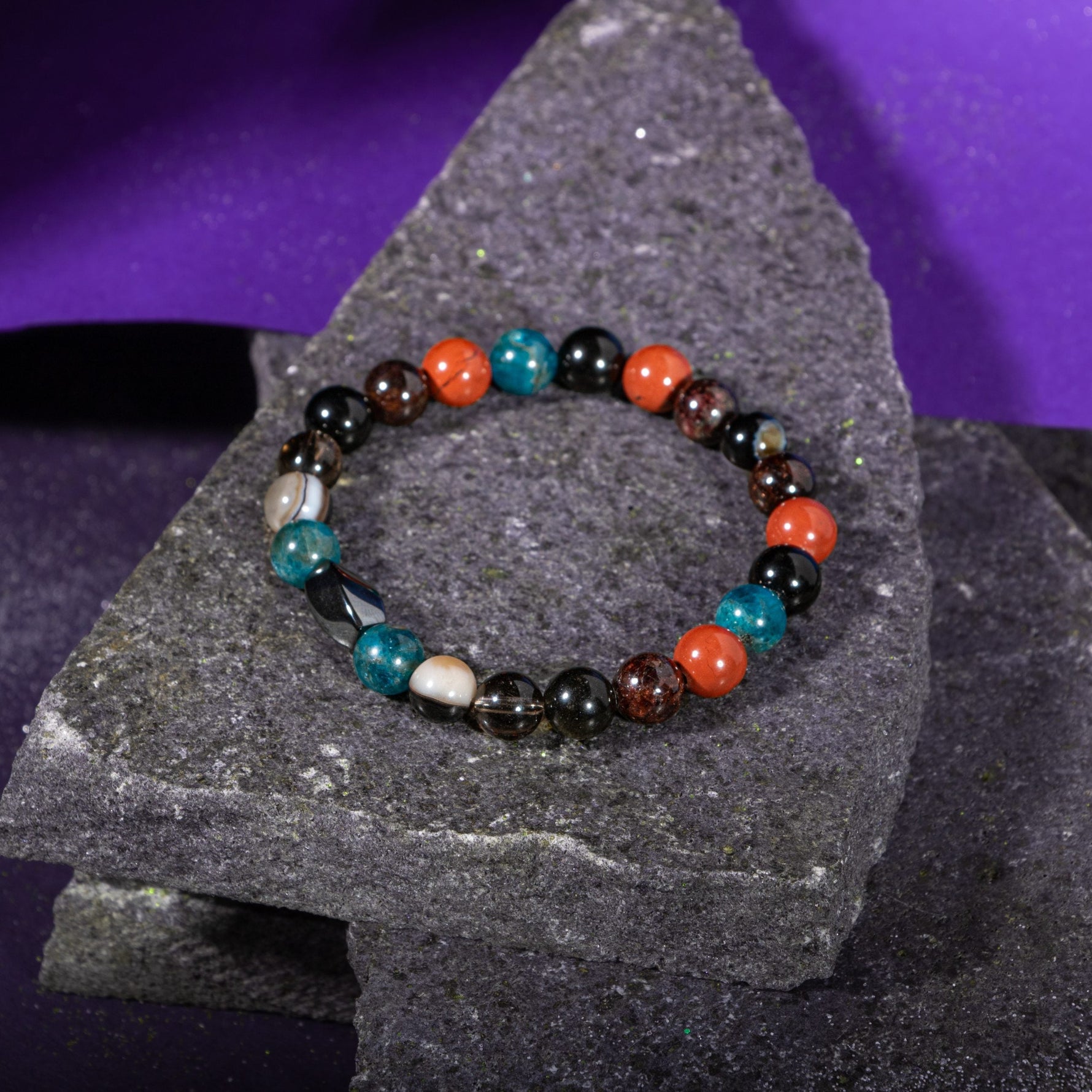 Başak Burcu Bileklik Bordo Granat Lal, Dumanlı Kuvars, Golden Obsidyen, Jasper, Mavi Apatit, Siyah Göz Akik