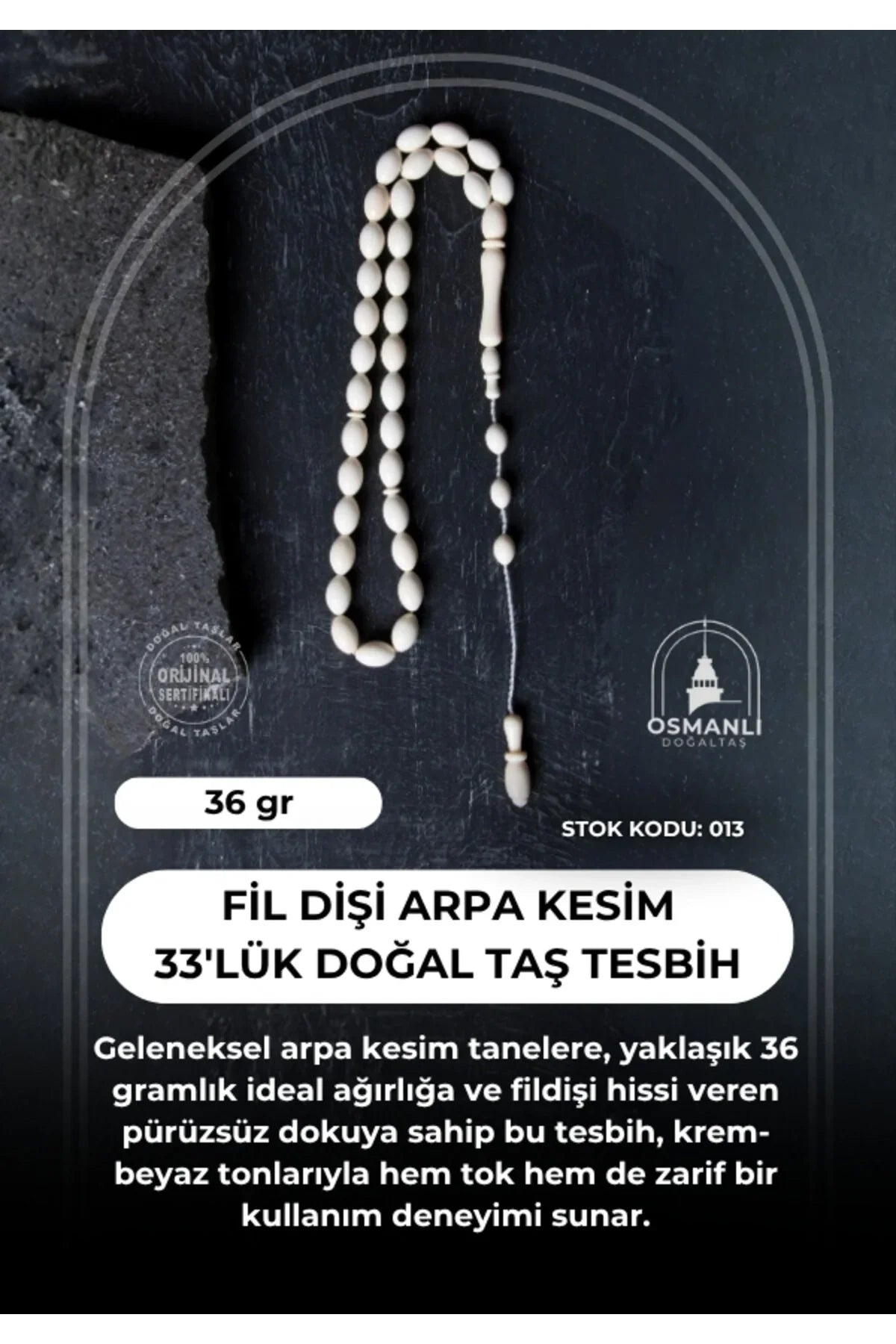 Sertifikalı Fil Dişi Arpa Kesim 33'lük Doğal Taş Tesbih
