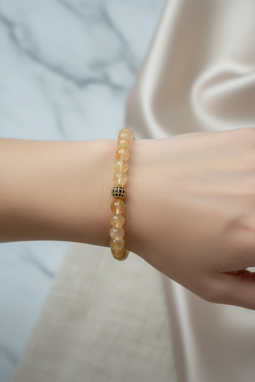 Sitrin Doğal Taş Bileklik – Zirkon Aparatlı 8 mm Özel Tasarım