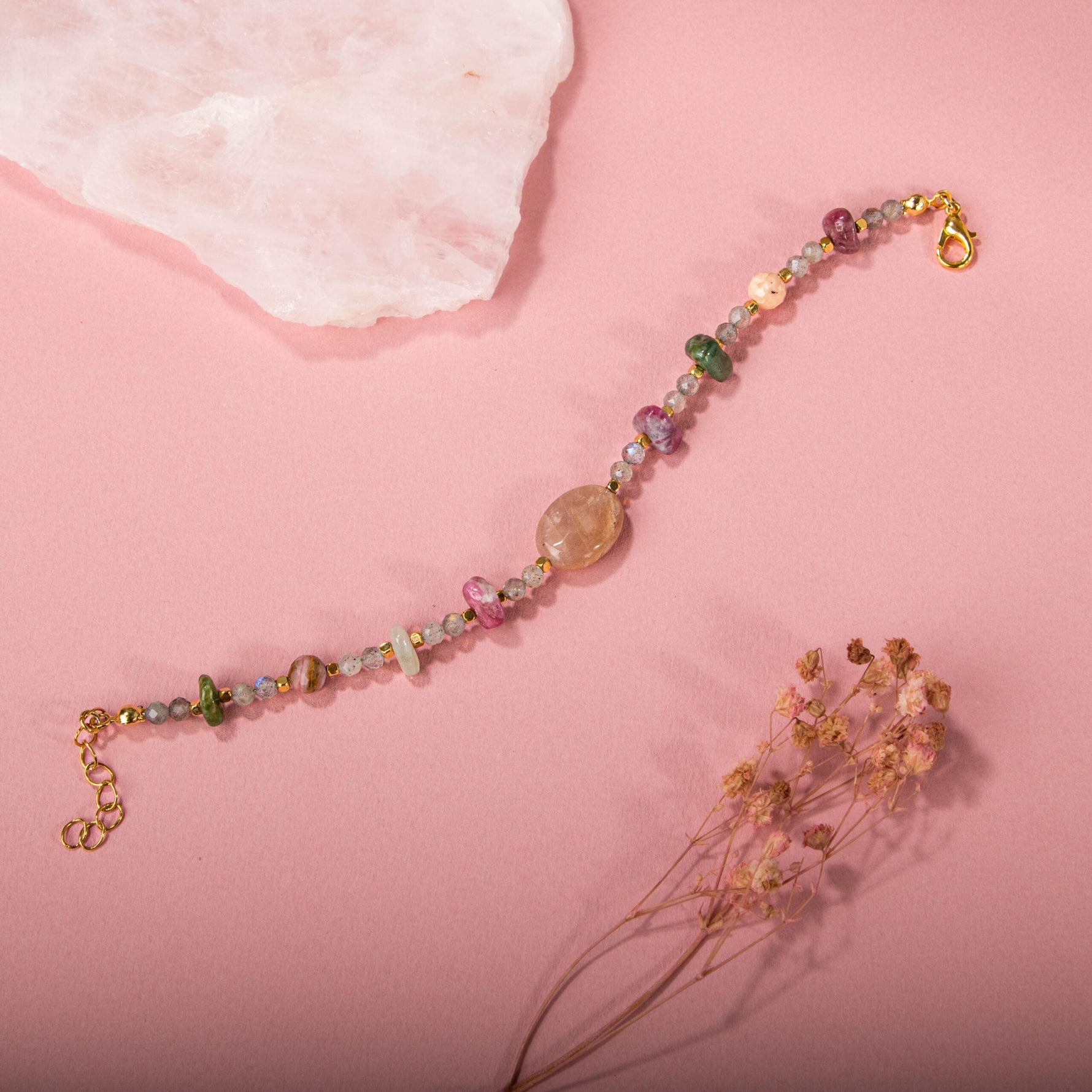 Labradorit-Renkli Turmalin-Güneş Taşı-Pembe Opal Doğal Taş Bileklik