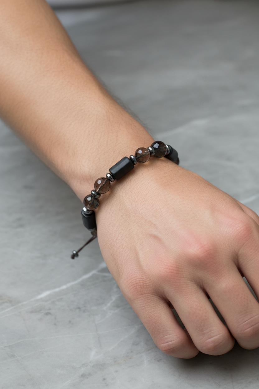Şungit ve Dumanlı Kuvars Fasetli Doğal Taş Bileklik – Unisex Şık Tasarım
