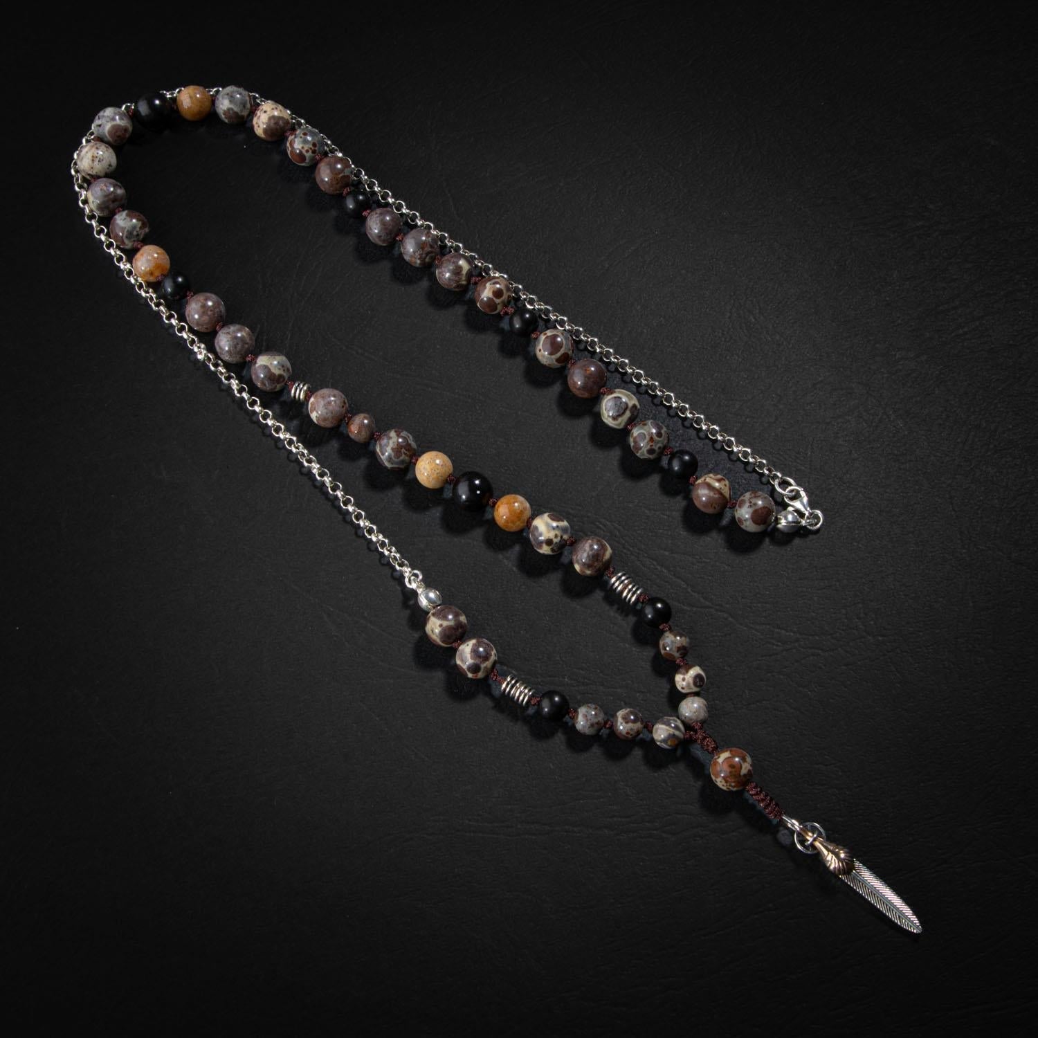 Erkek Kolyesi Fosil Mercan-Şungit-Meksika Jasper-Hematit Doğal Taş Gümüş Tasarım Kolye