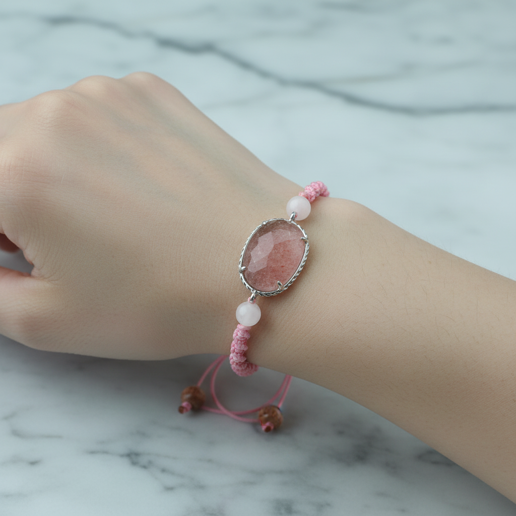 Çilek Kuvars – Pembe Kuvars Doğal Taş Makrome Bileklik – Özel Tasarım