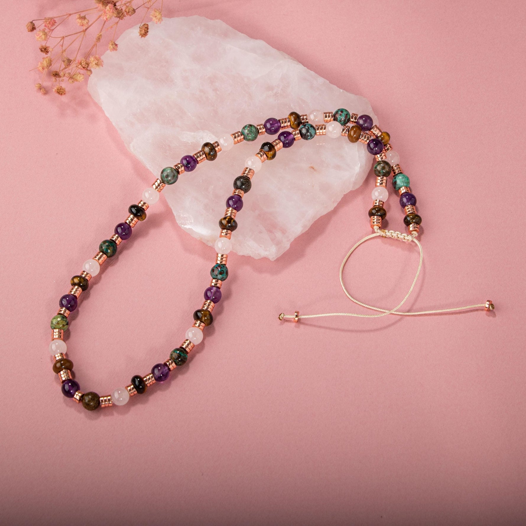 Hematit-Pembe Kuvars-Krizokol-Ametist-Kaplan Gözü Doğal Taş Kolye