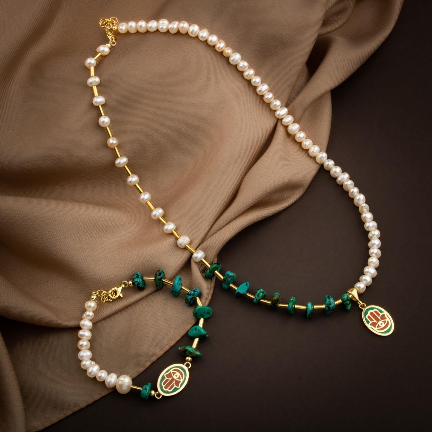 Mozaik Turkuaz Firuza Taşlı-İnci Doğal Taş Gümüş Kolye Bileklik Seti