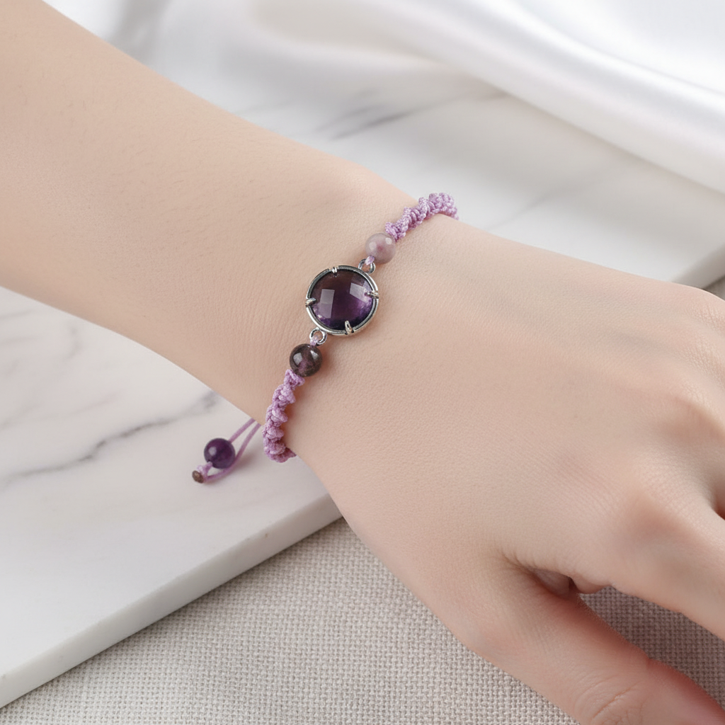 Ametist Doğal Taş Makrome Bileklik – Özel Tasarım