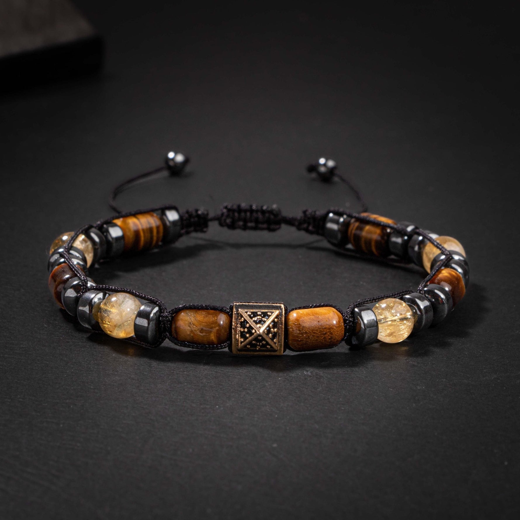 Kaplan Gözü-Sitrin-Hematit Doğal Taş Erkek Zirkon Bileklik