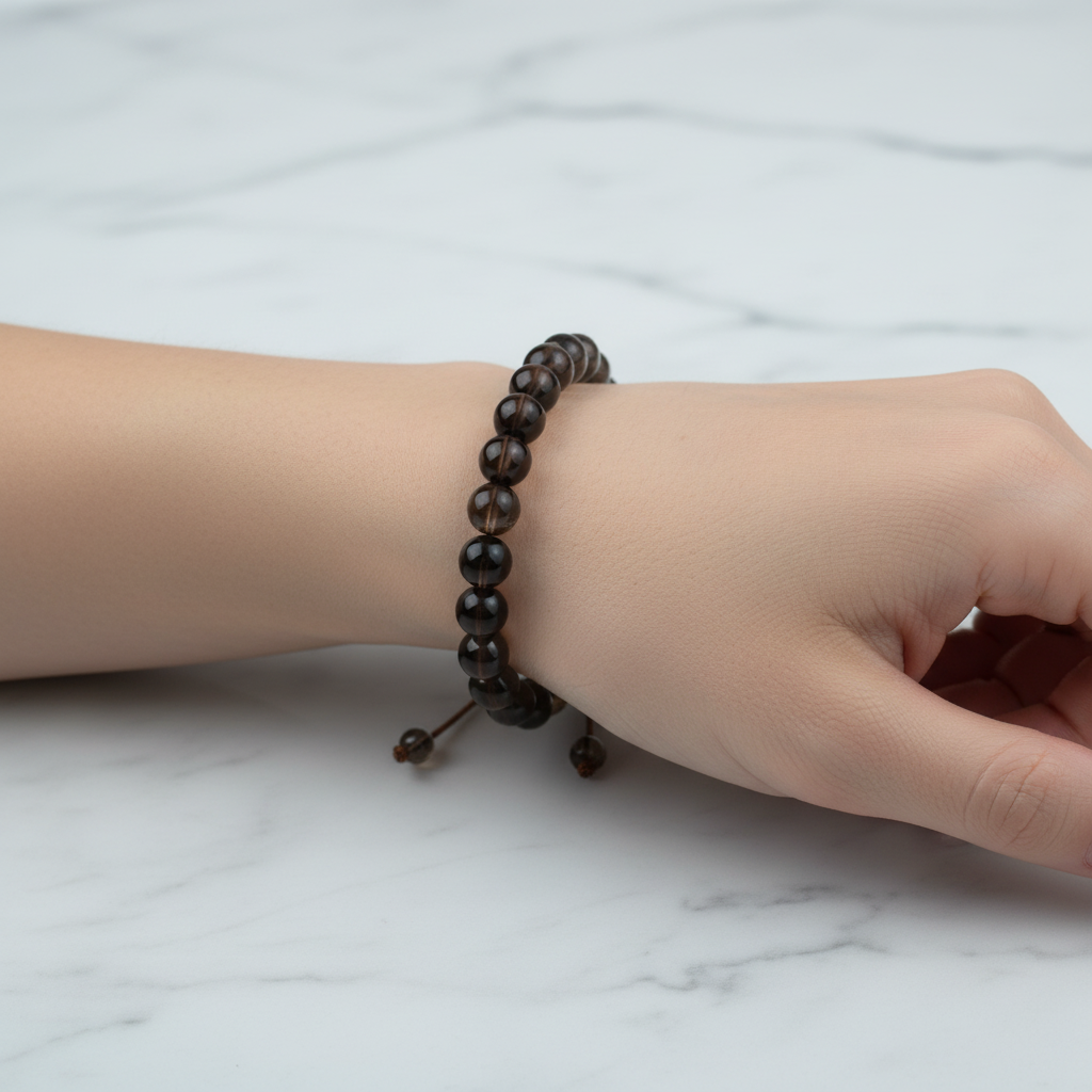 Dumanlı Kuvars 8 mm Merdiven Kapama Doğal Taş Bileklik – El İşçiliği