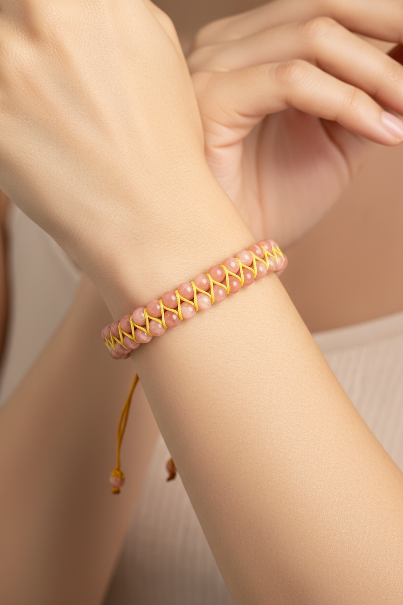 Sertifikalı Rodokrozit Doğal Taş Çift Sıra Makrome Bileklik – 4 mm | Pirtash | Özel Üretim