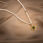 Malakit Taşlı İnci Doğal Taş Gümüş Tasarım Kolye - 54cm