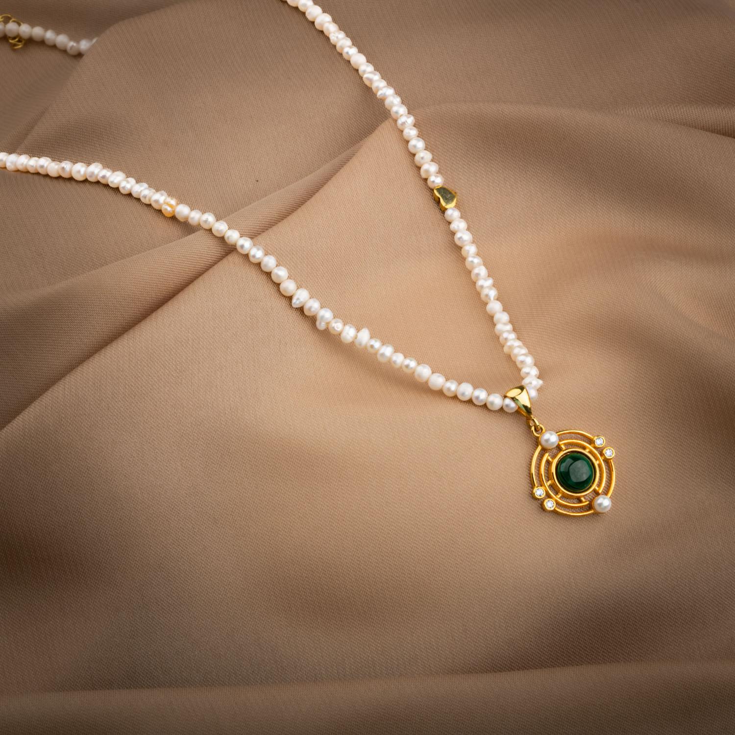 Malakit Taşlı İnci Doğal Taş Gümüş Tasarım Kolye - 54cm