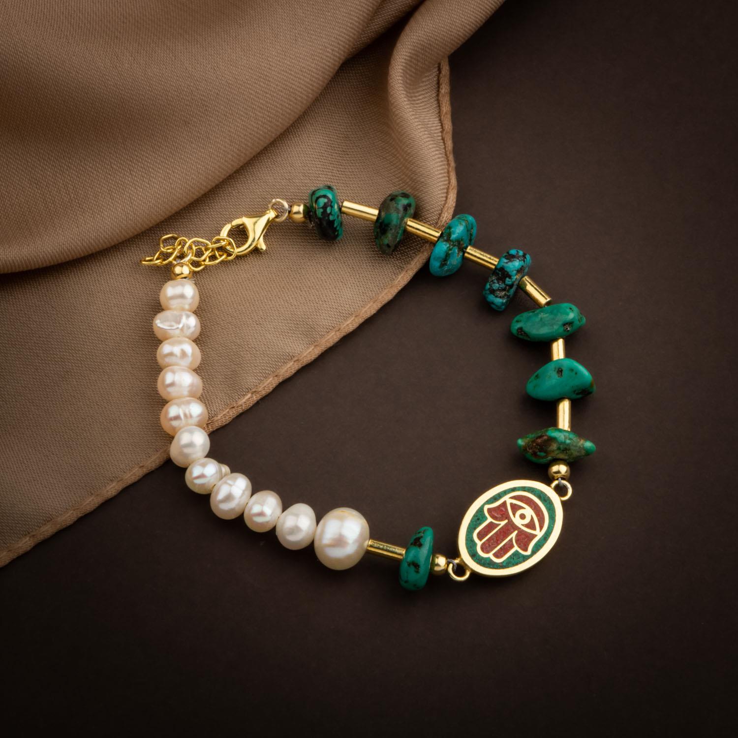 Mozaik Turkuaz Firuza Taşlı-İnci Doğal Taş Gümüş Kolye Bileklik Seti