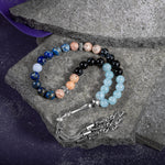 Terazi Burcu Tesbih Akuamarin, Güneş Taşı, Kalsedon, Lapis Lazuli, Siyah Göz Akik