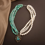 İnci-Amazonit Doğal Taş El İşlemesi Koleksiyon Turkuaz Kolye - 45cm