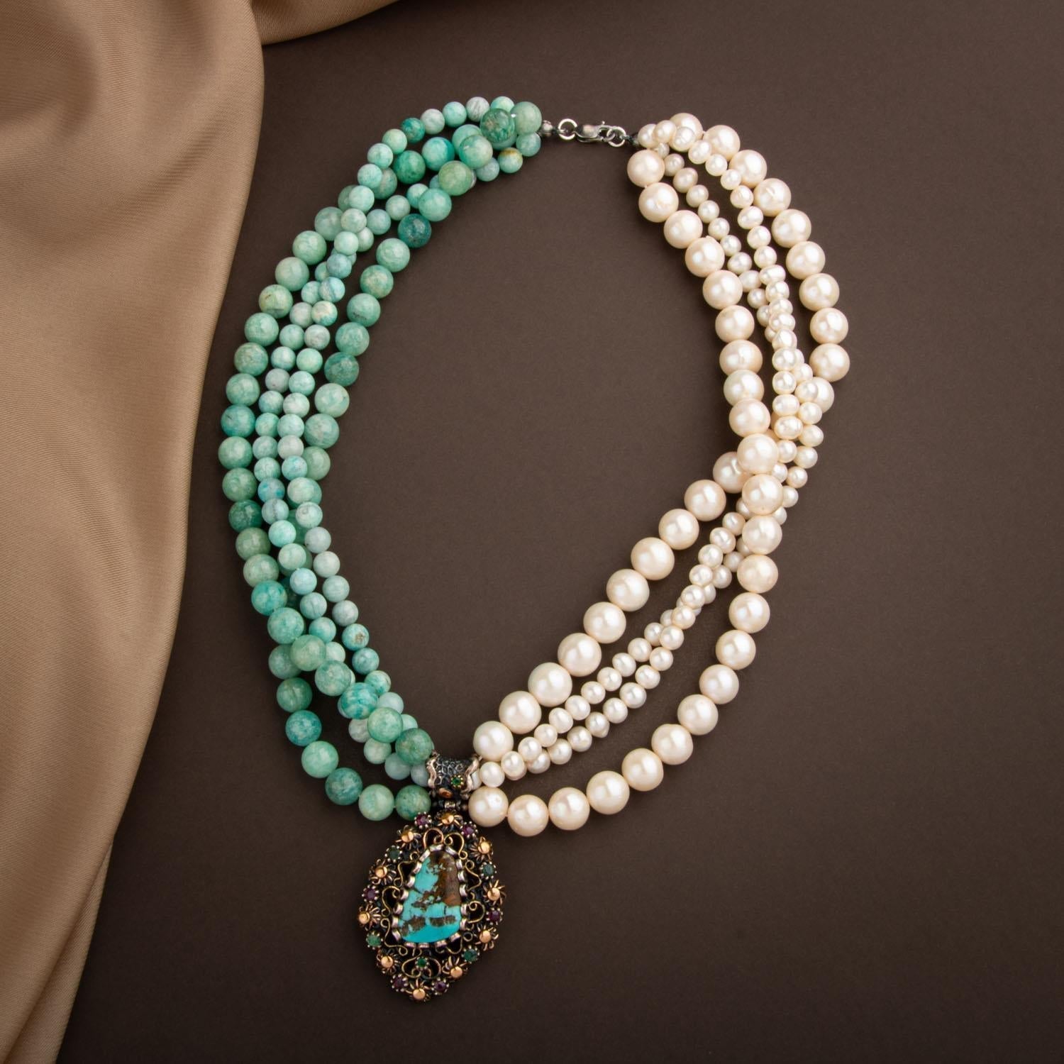 İnci-Amazonit Doğal Taş El İşlemesi Koleksiyon Turkuaz Kolye - 45cm