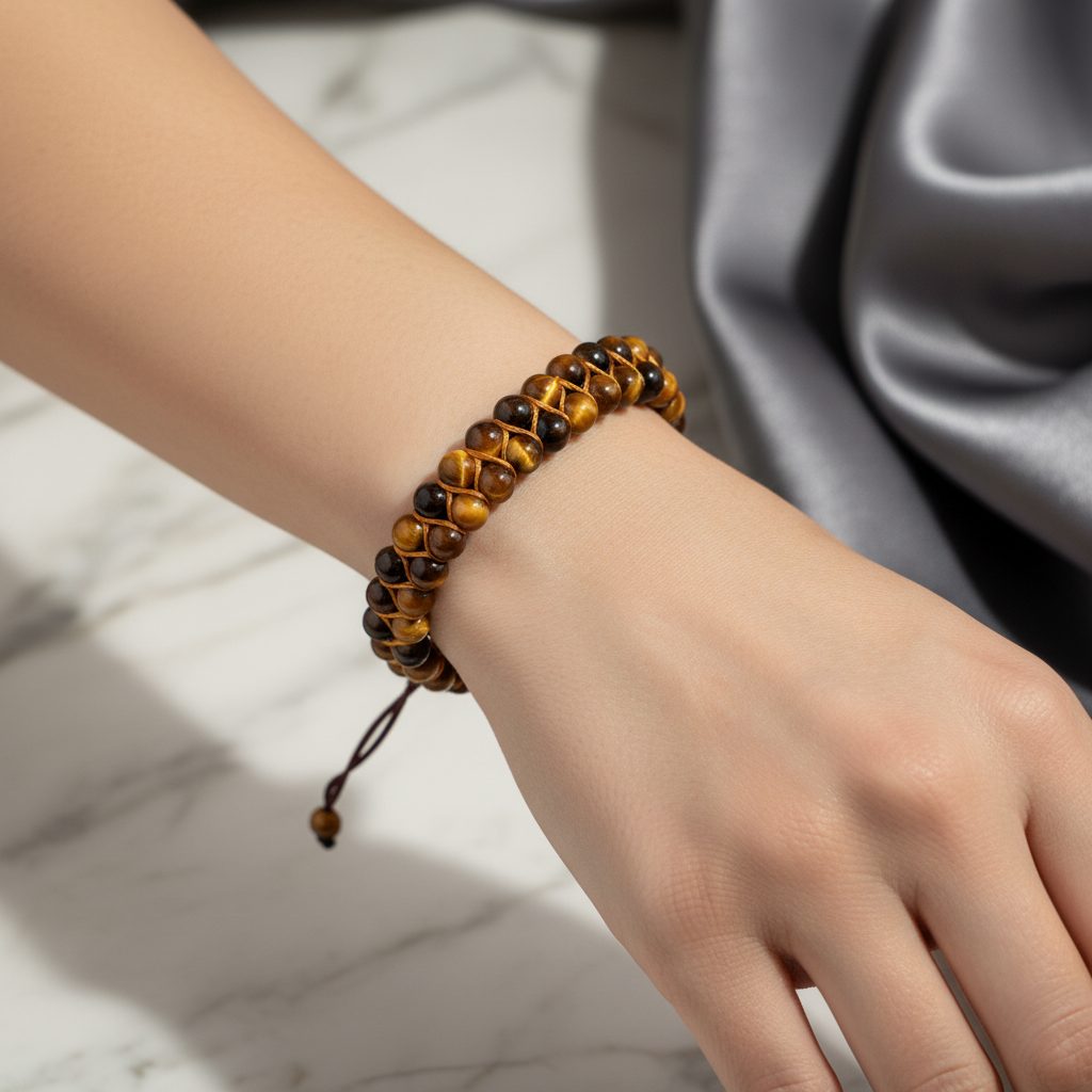 Kaplan Gözü 4 mm Çift Sıra Doğal Taş Bileklik – Unisex El İşçiliği