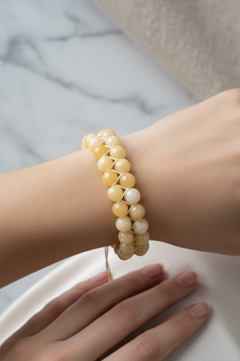 Aragonit 8mm Çift Sıra Makrome Doğal Taş Bileklik