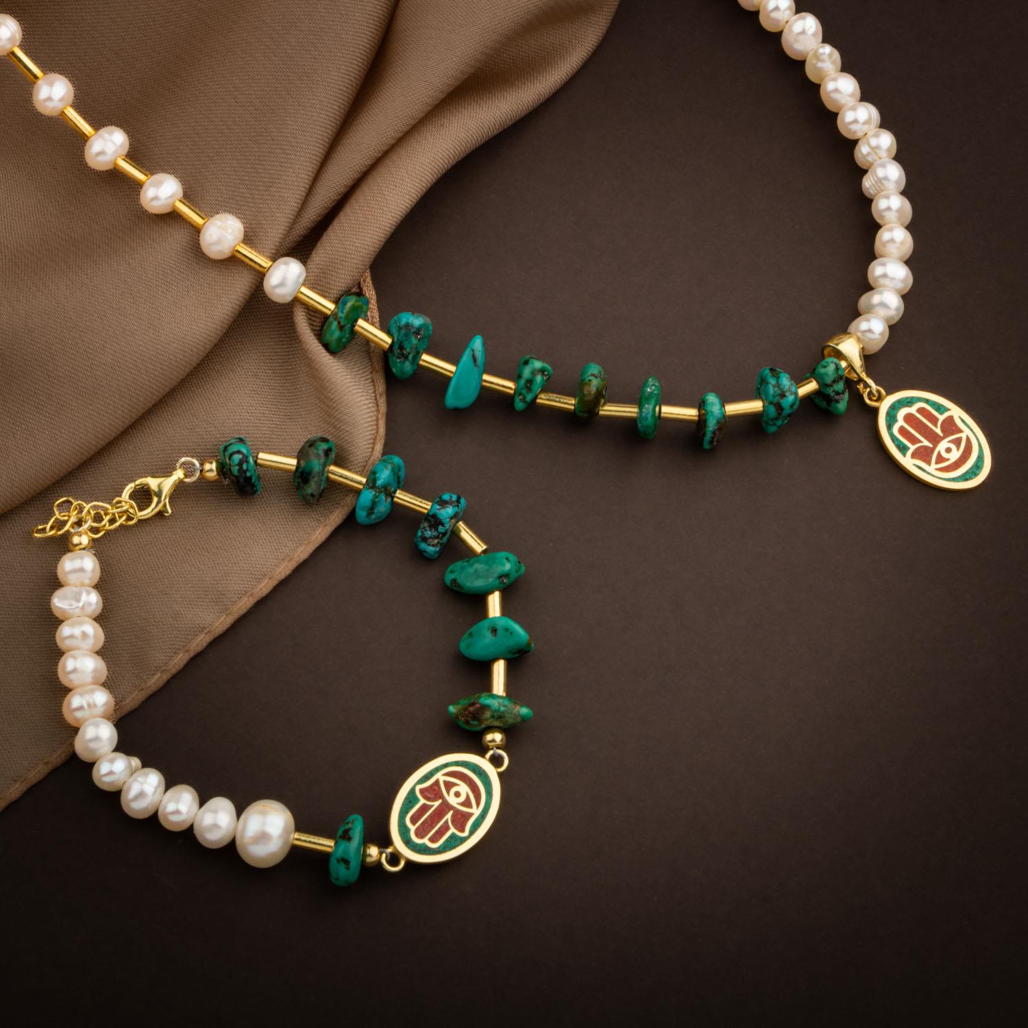 Mozaik Turkuaz Firuza Taşlı-İnci Doğal Taş Gümüş Kolye Bileklik Seti