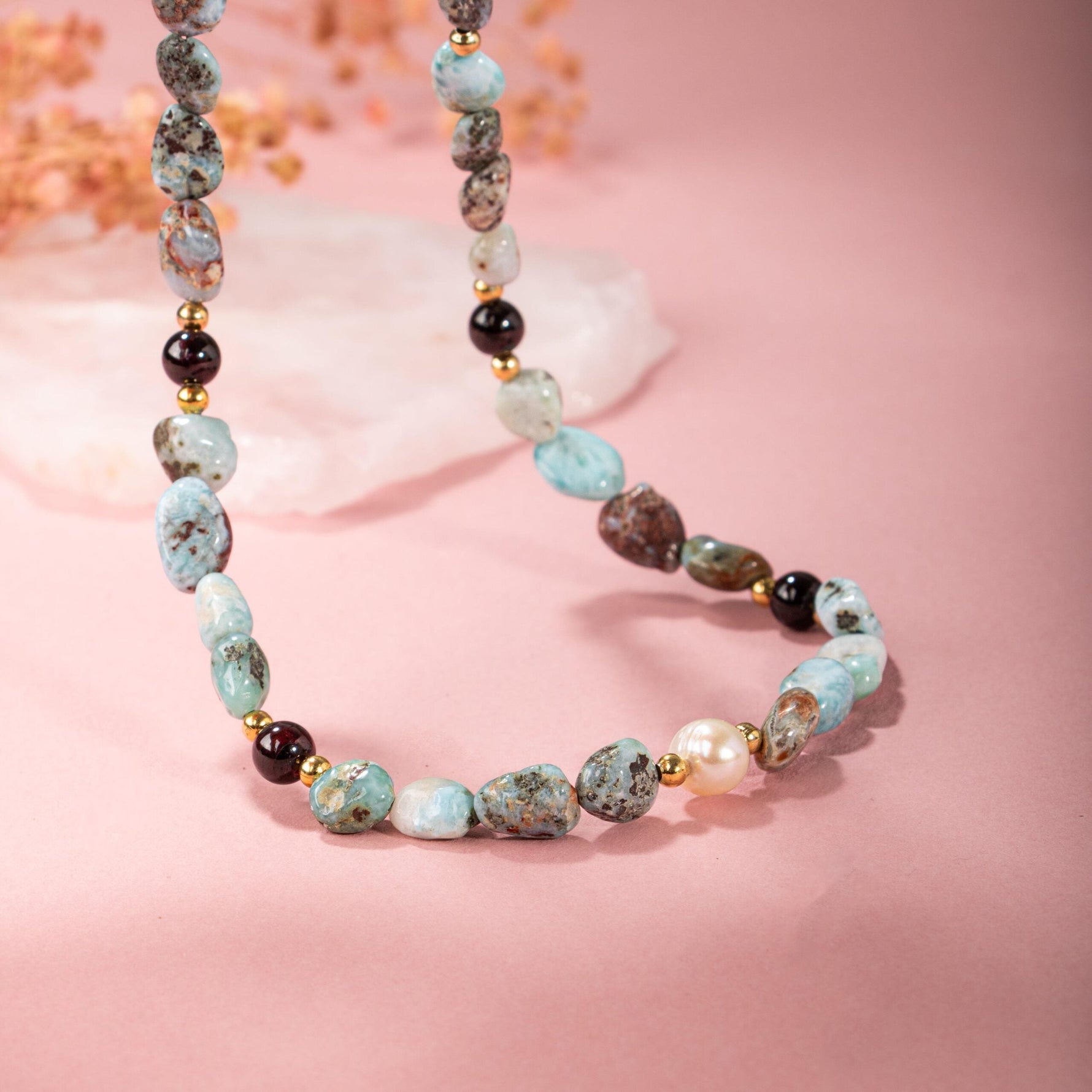 Larimar-Lal-Hematit-İnci-Ay Taşı Altın Kaplama Doğal Taş Kolye