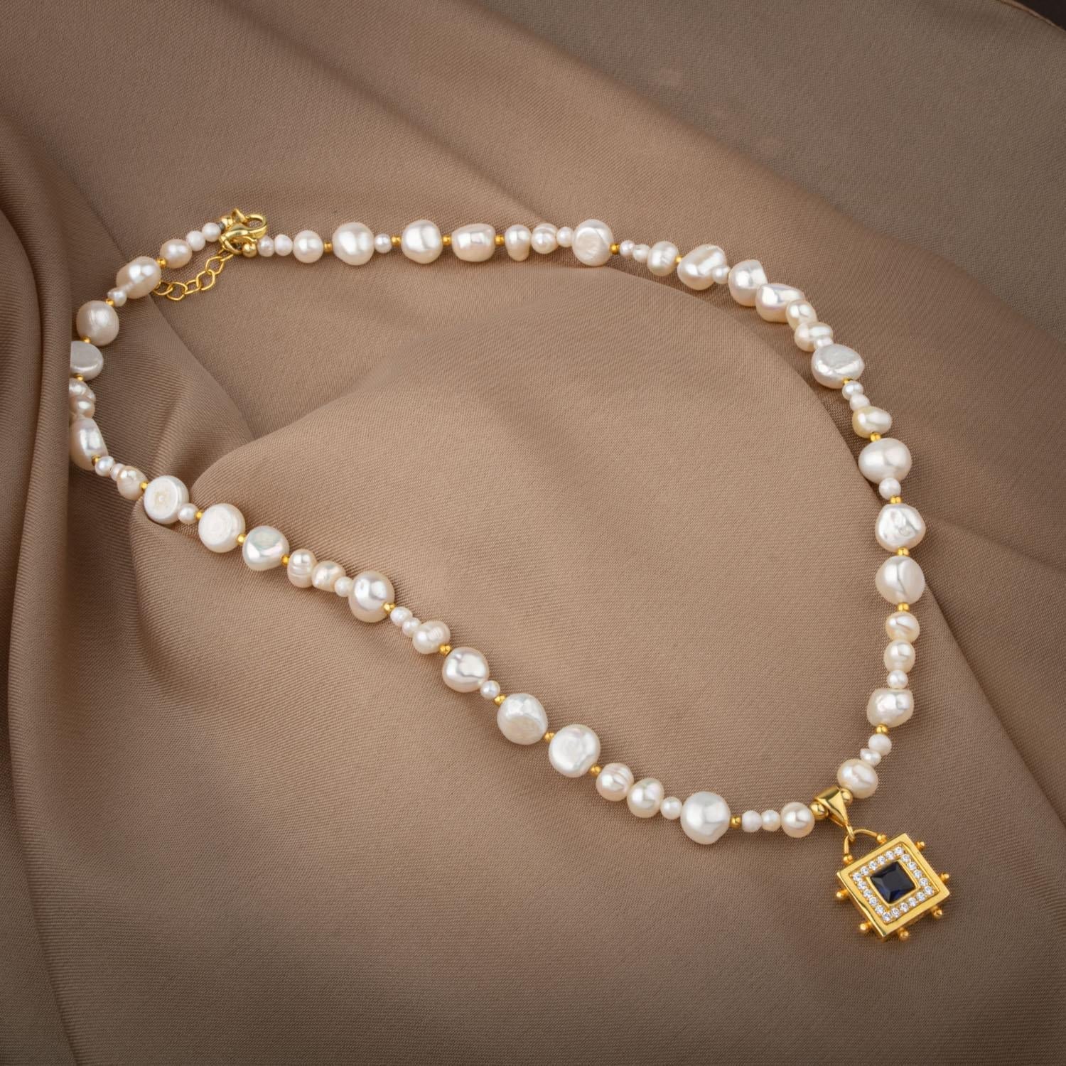 Lapis Lazuli Taşlı İnci Doğal Taş Gümüş Tasarım Kolye - 54cm