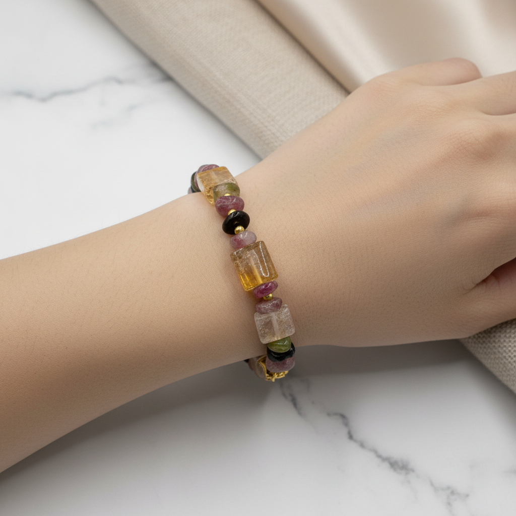 Renkli Turmalin & Sitrin Doğal Taş Bileklik – Özel Tasarım