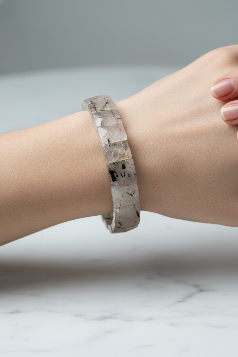 Rutilli Kuvars Doğal Taş Kare Kesim Geniş Kesim Bileklik