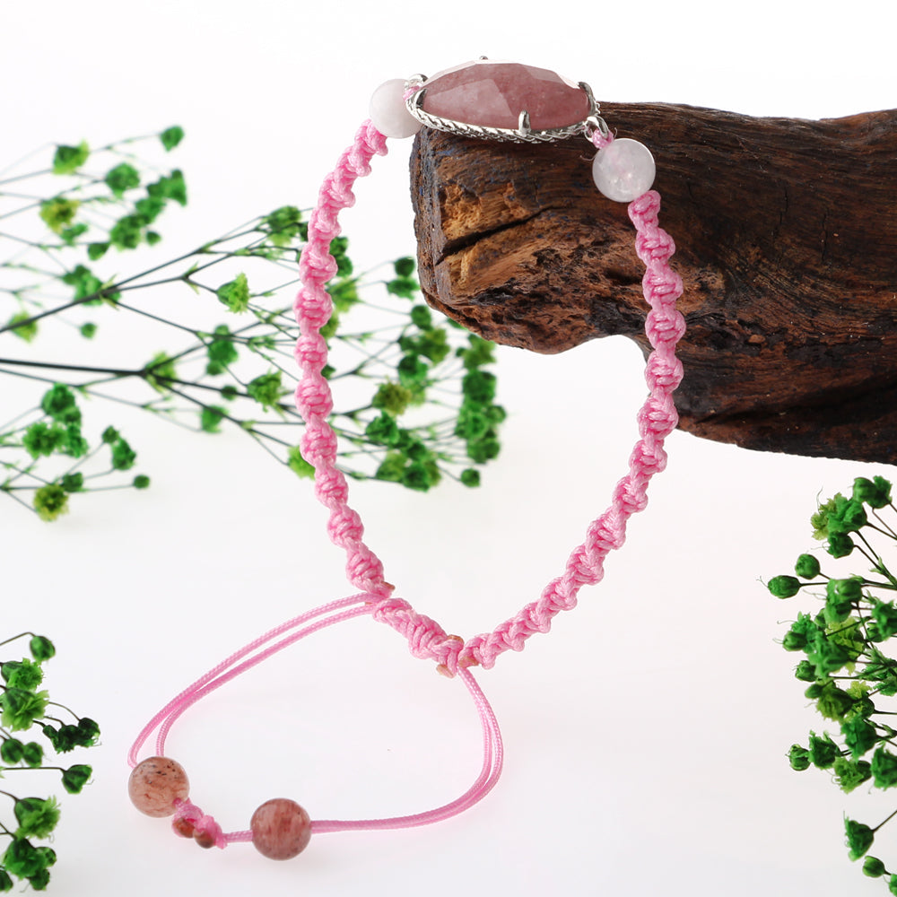 Çilek Kuvars-Pembe Kuvars Doğal Taş Makrome Örgü Bileklik