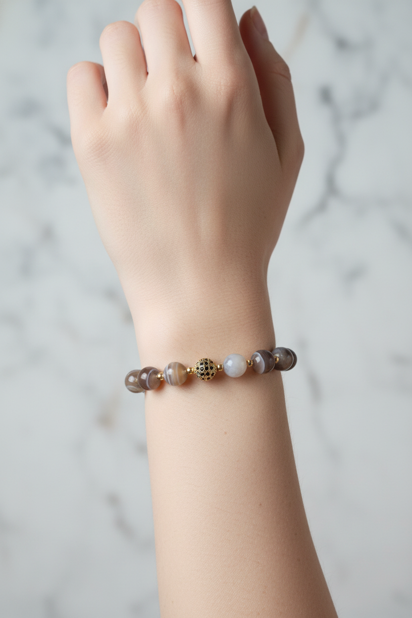 Botswana Akik Doğal Taş Bileklik – Zirkon Aparatlı, Unisex Şık Tasarım