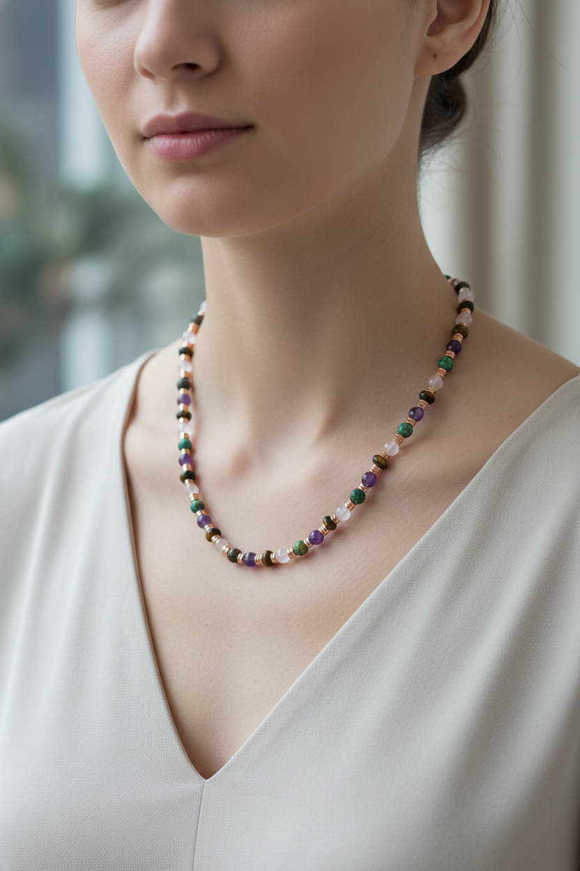 Hematit, Pembe Kuvars, Krizokol, Ametist & Kaplan Gözü Doğal Taş Kolye – Özel Tasarım