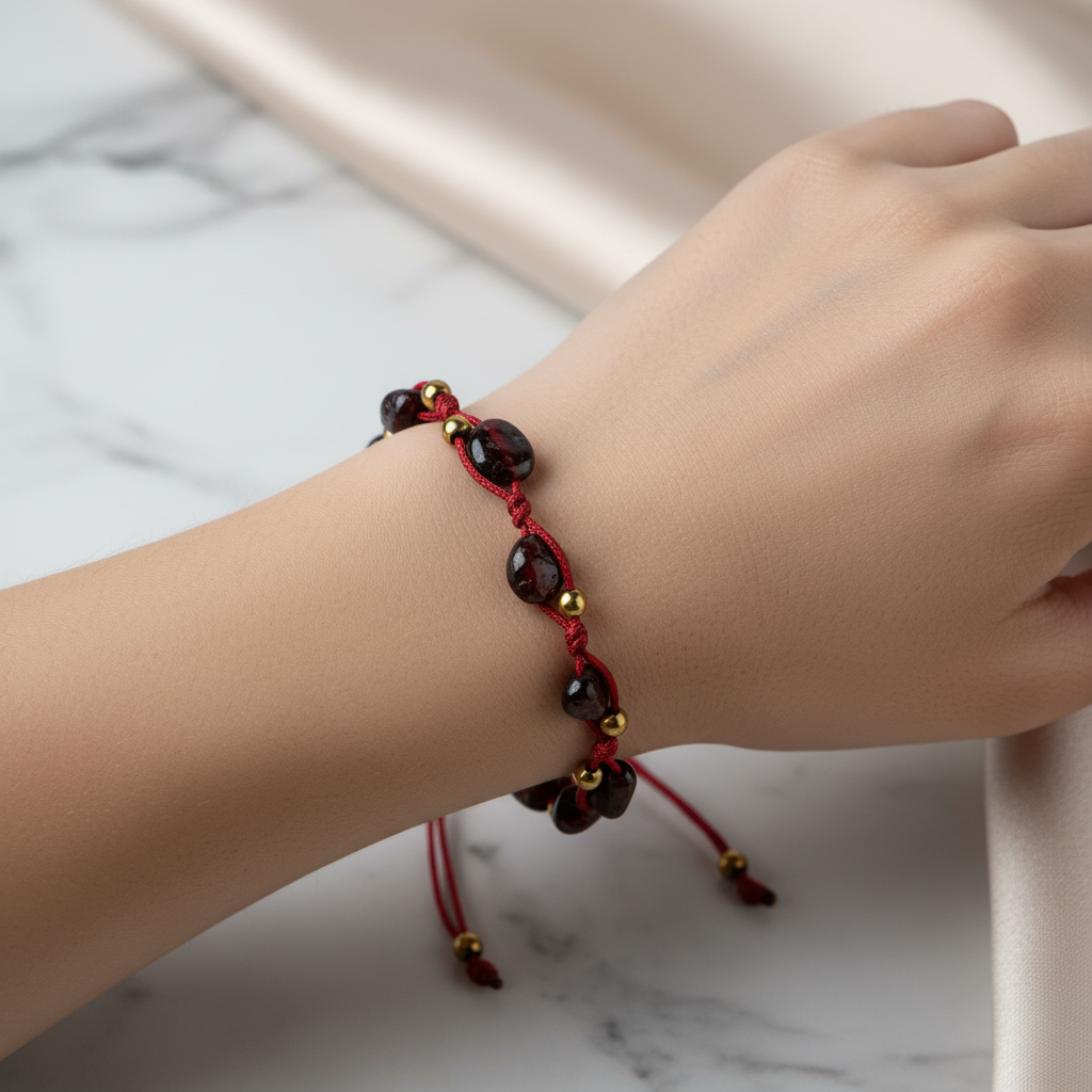 Bordo Granat Lal Natürel Kesim Doğal Taş Makrome Bileklik – Unisex El İşçiliği