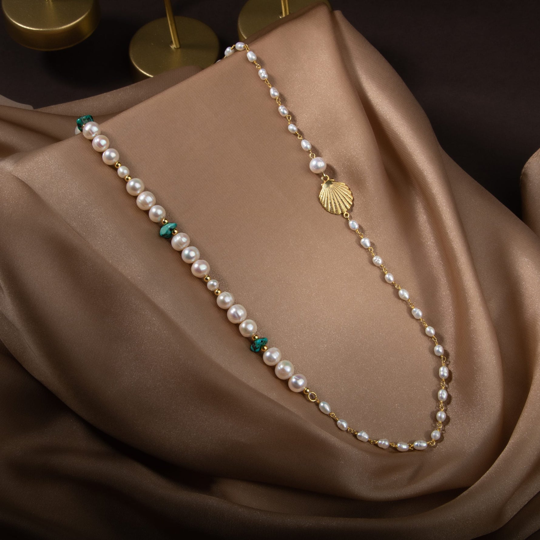 İnci-Turkuaz Doğal Taş Gümüş Midye Kolye