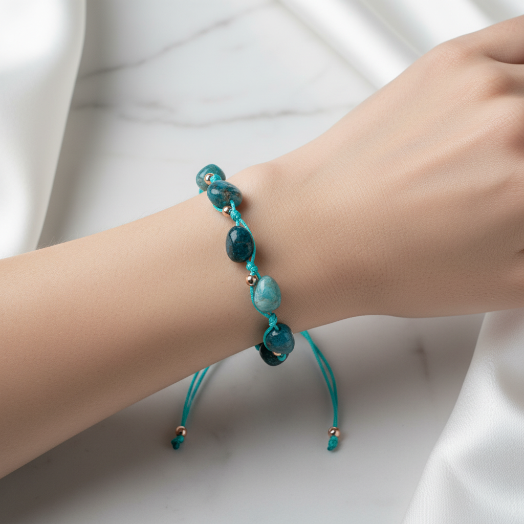 Mavi Apatit Natürel Kesim Doğal Taş Makrome Bileklik – Unisex El İşçiliği