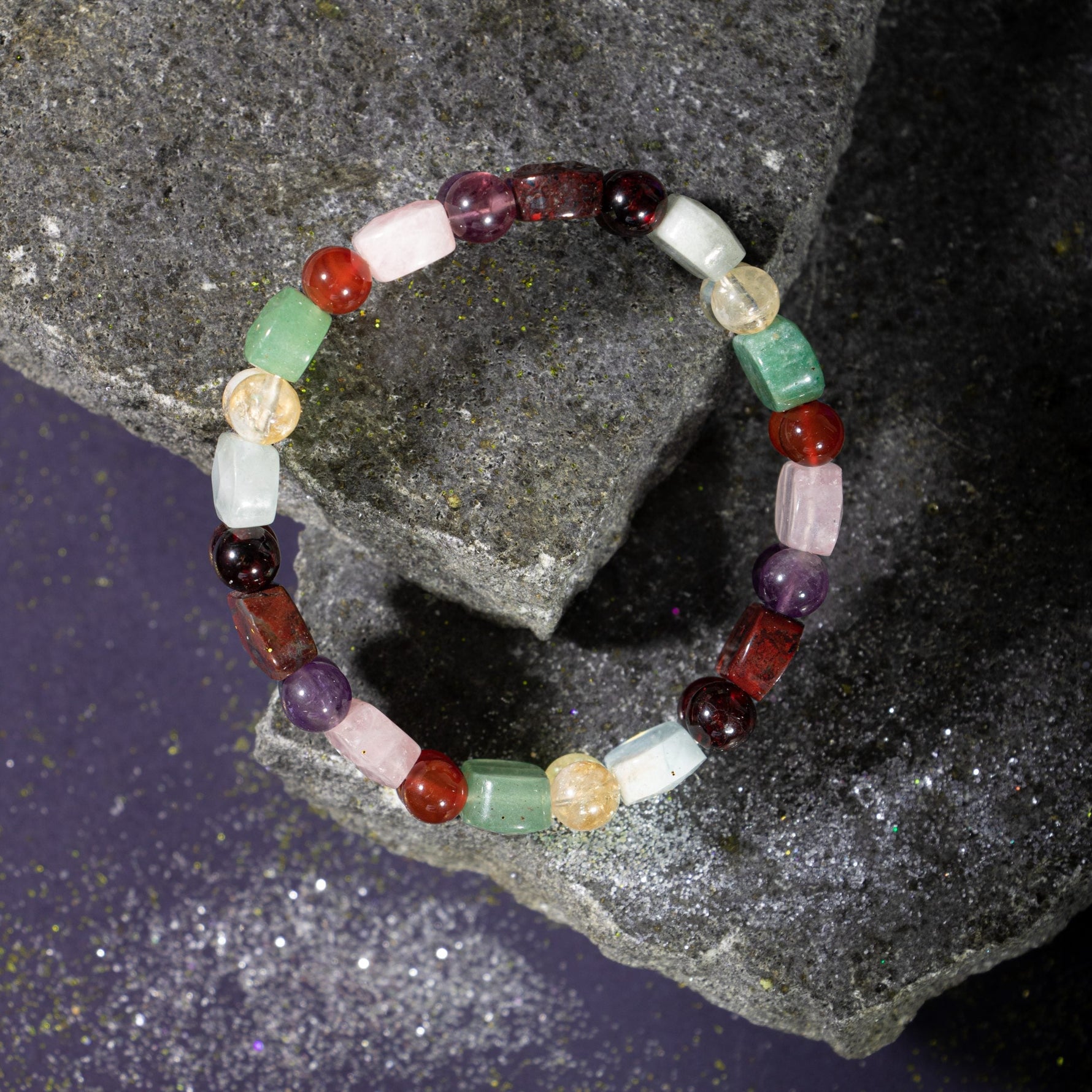 Koç Burcu Bileklik Akuamarin, Ametist, Bordo Granat Lal, Jasper, Kırmızı Akik, Pembe Kuvars, Sitrin, Yeşil Aventurin