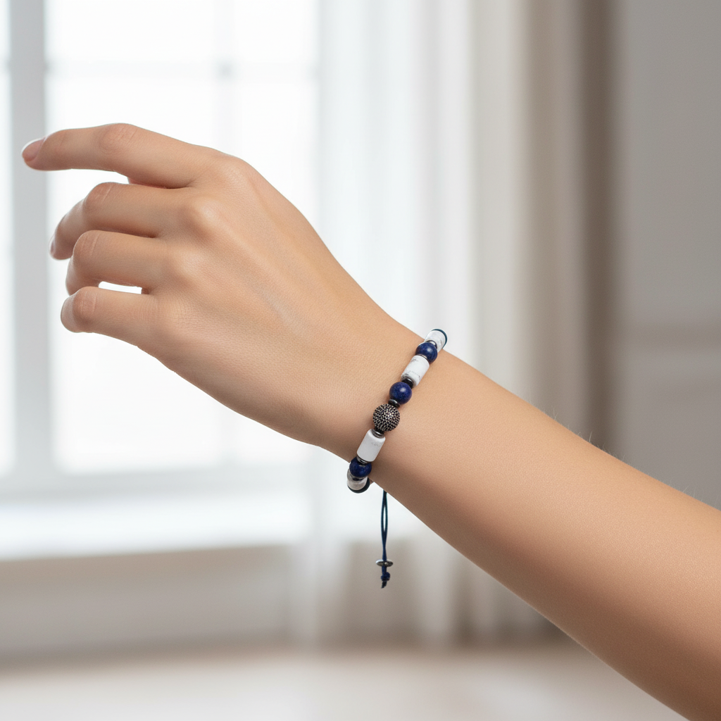 Sodalit, Hematit, Havlit Gümüş Aparat  Doğal Taş Makrome Bileklik